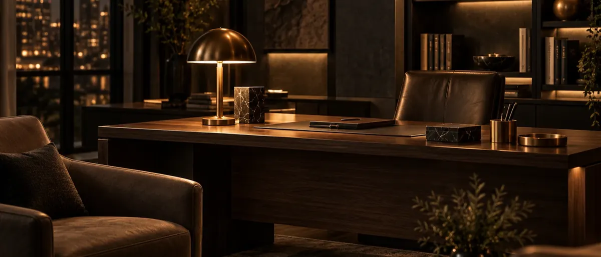 Intérieur d’un cabinet privé contemporain, bureau en bois sombre et lumière chaude.