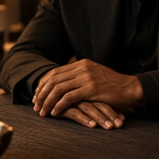 Mains posées calmement sur une table, dans une lumière douce.