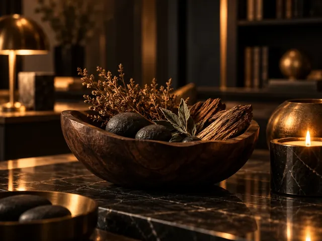 Coupe rituelle en bois, bougie et herbes séchées posées sur un plateau de marbre sombre.